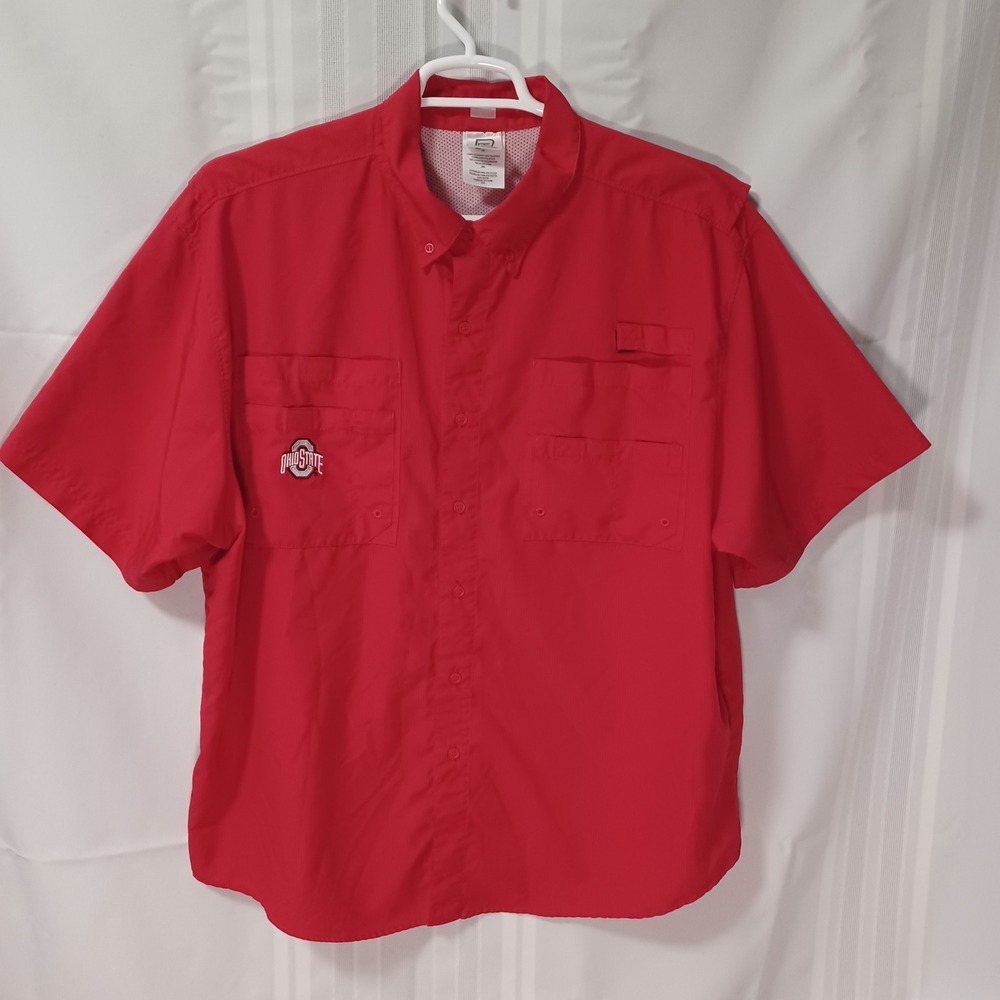 ProEdge Fishing Shirt Mens 2XL Red Ohio State Buckeyes Button‎ Down Short Sleeve